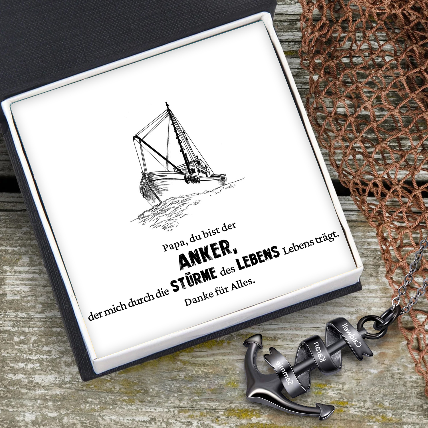 925 Sterling Silber Personalisierte 3 Namen Anker Halskette für Vater -Geschenk mit Nachrichtenkarte