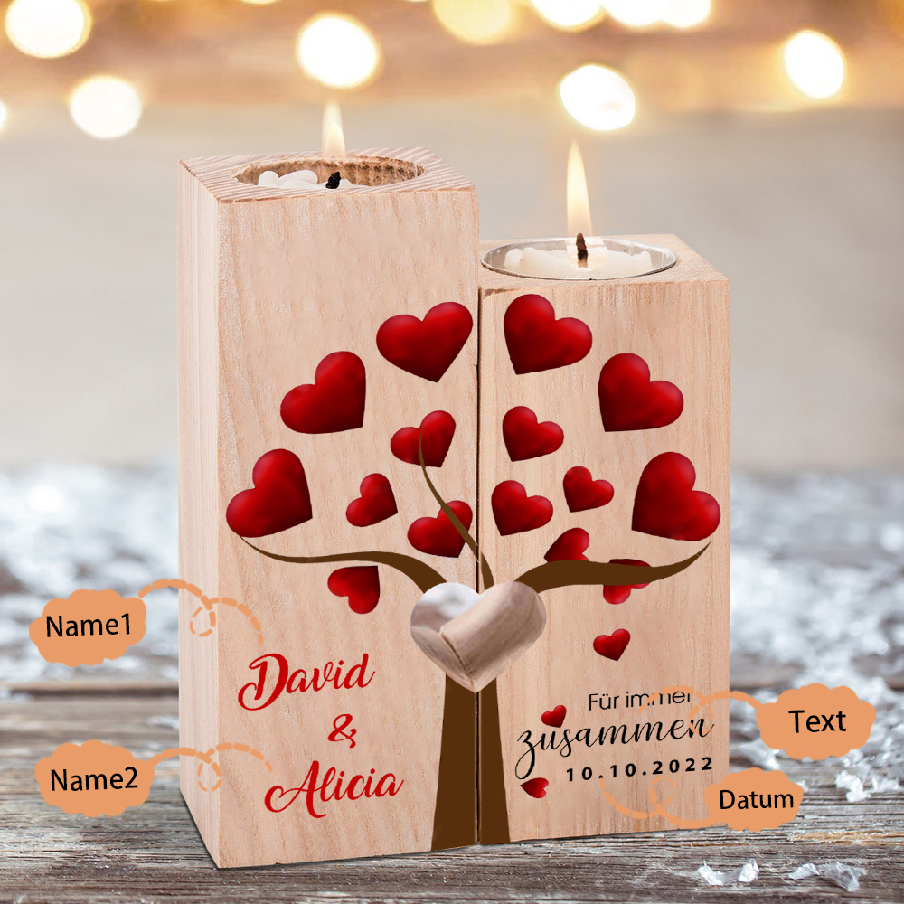 Personalisierte 2 Namen & Text & Datum Kerzenhalter -Hölzerne Kerzenständer Hochzeitstag Valentinstag Geschenke
