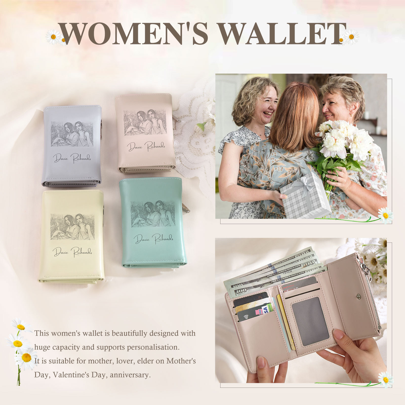 Damen Personalisierter Text & Foto PU Leder Geldbörse Mehrere Mezzanine Portemonnaie mit Reißverschluss