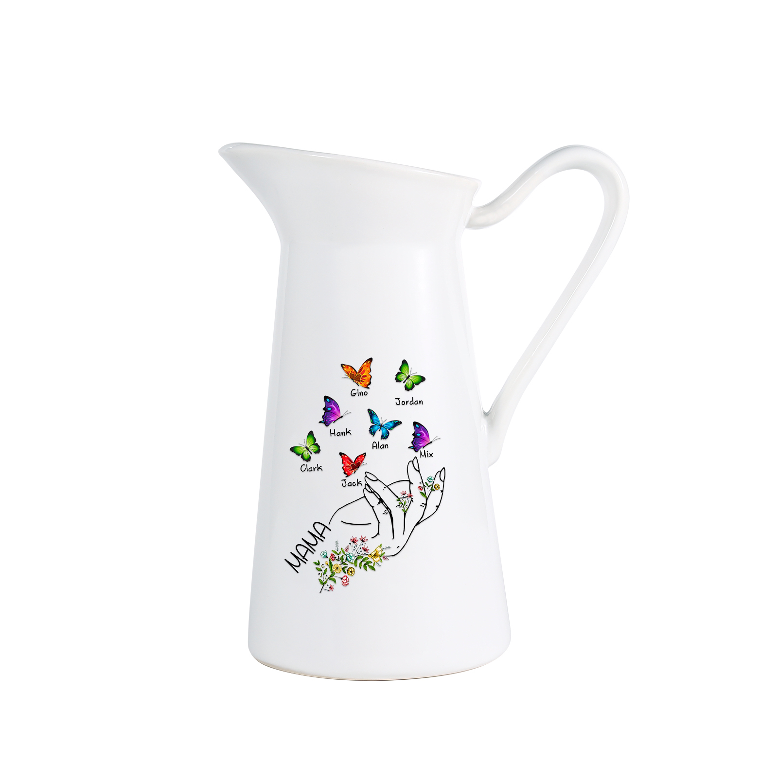 Personalisierte 7 Namen & Text Schmetterling in der Hand Gießvase mit Henkel Familie Vase