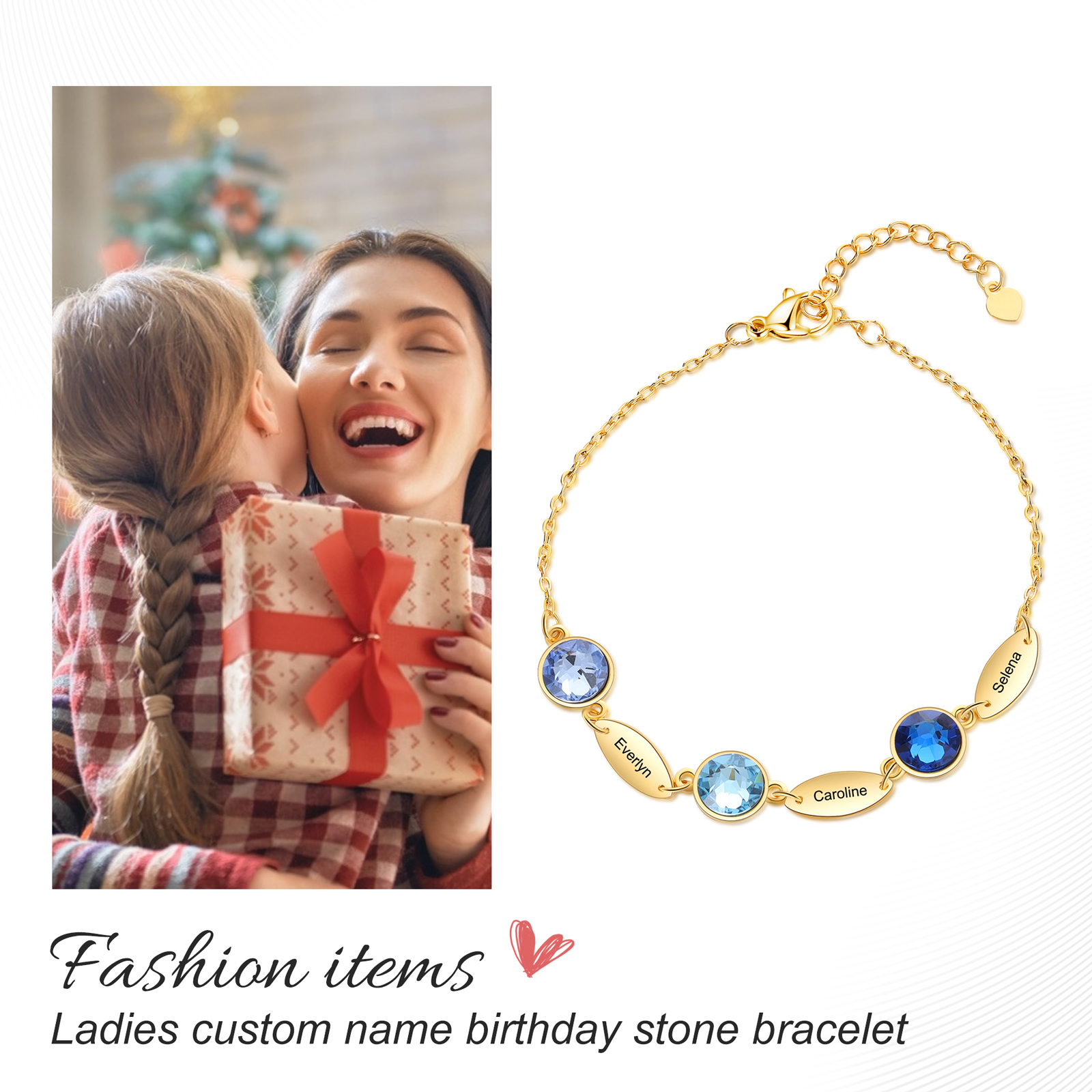 Personalisiertes 3 Namen Feines Armband mit Geburtssteinen