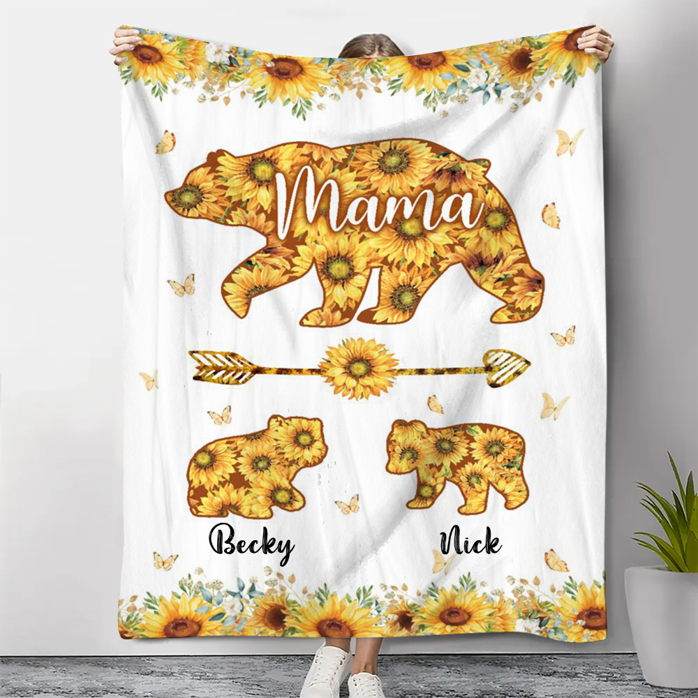 Personalisierbare 2 Namen Sonnenblume Mama Bär Decke - Geschenk für Mutter