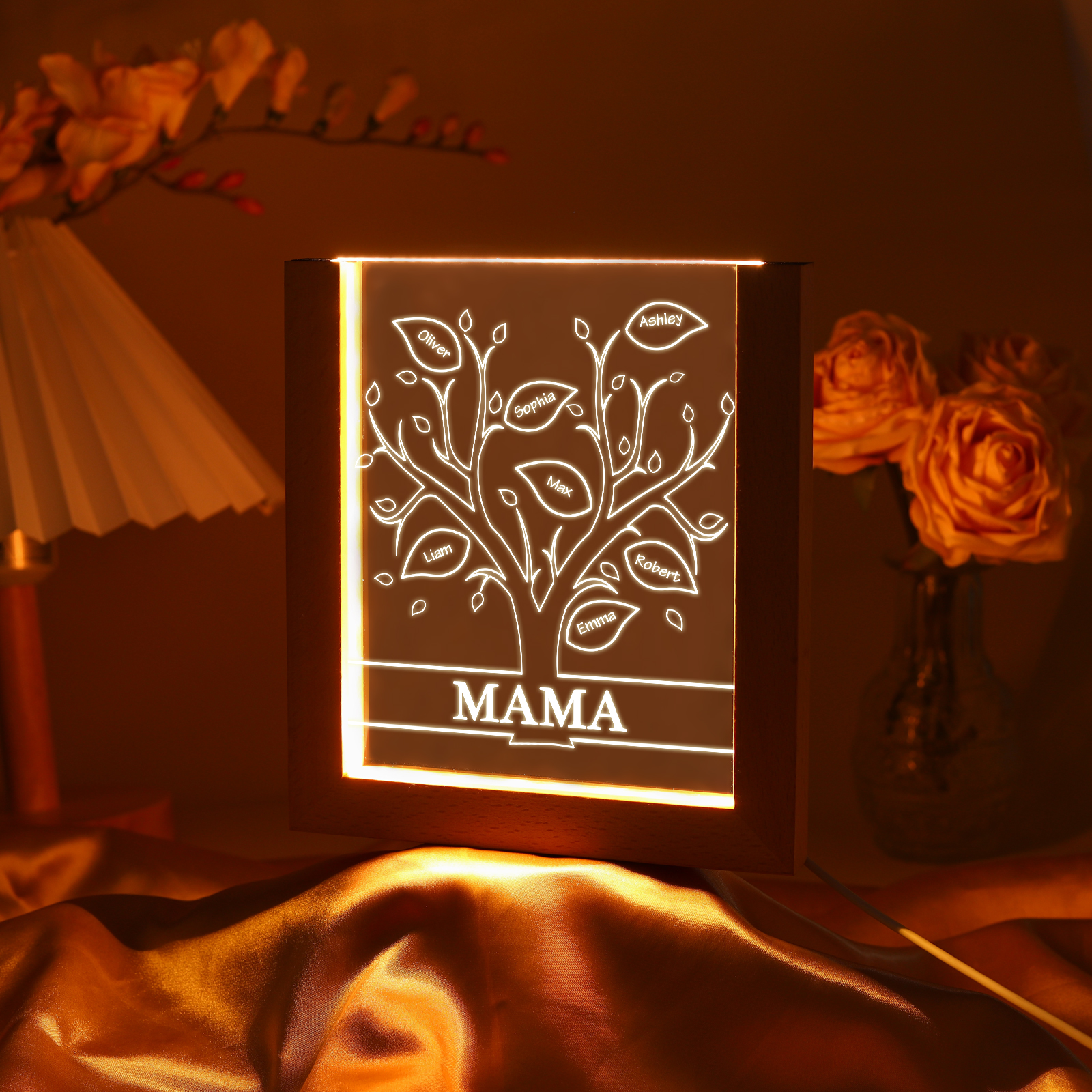 Personalisierte 7 Namen & Text Lebensbaum Acryl Rahmen Nachtlicht Geschenk für Großmutter/Mutter zum Muttertag
