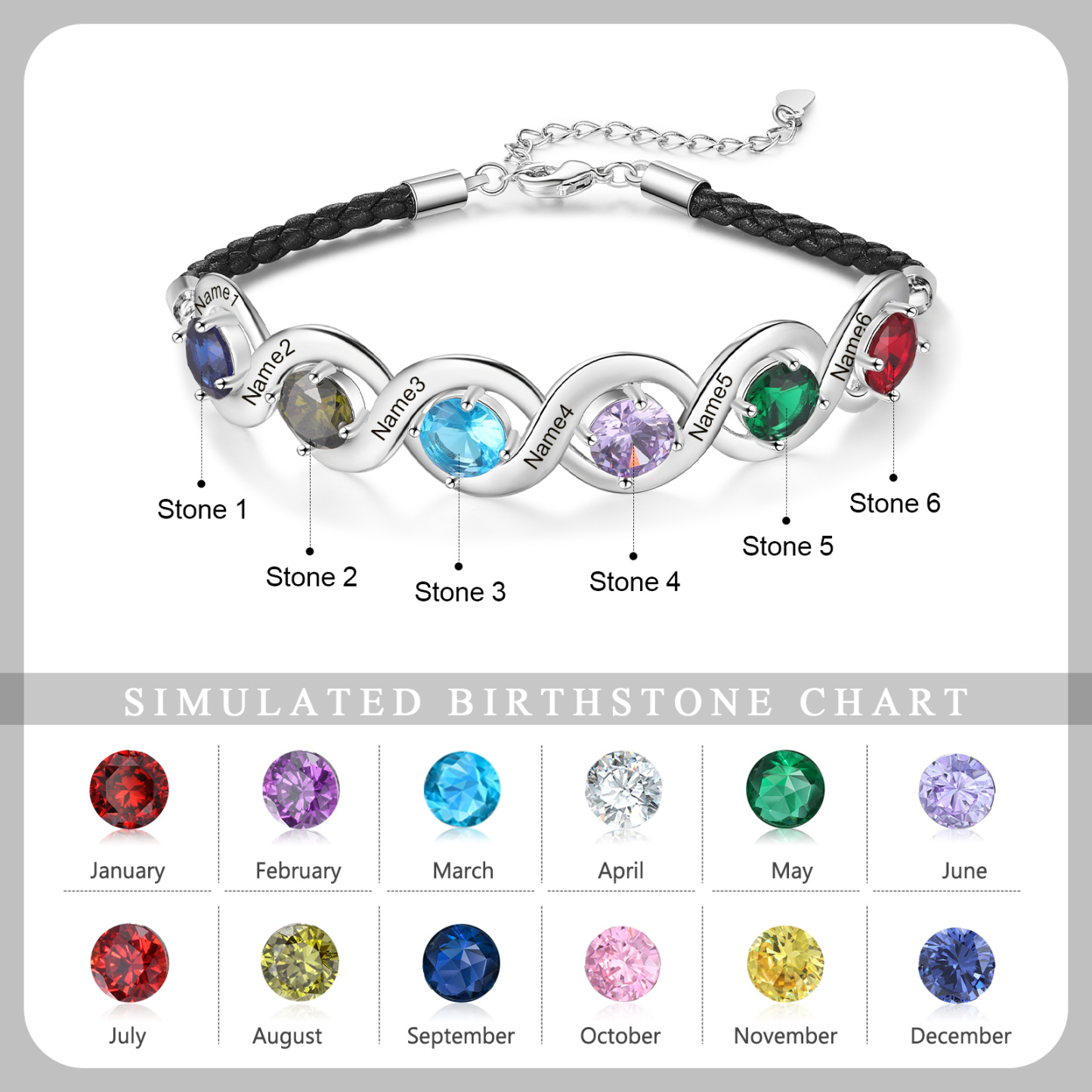 Personalisierte 6 Namen & 6 Geburtssteine Infinity Handseil Armband