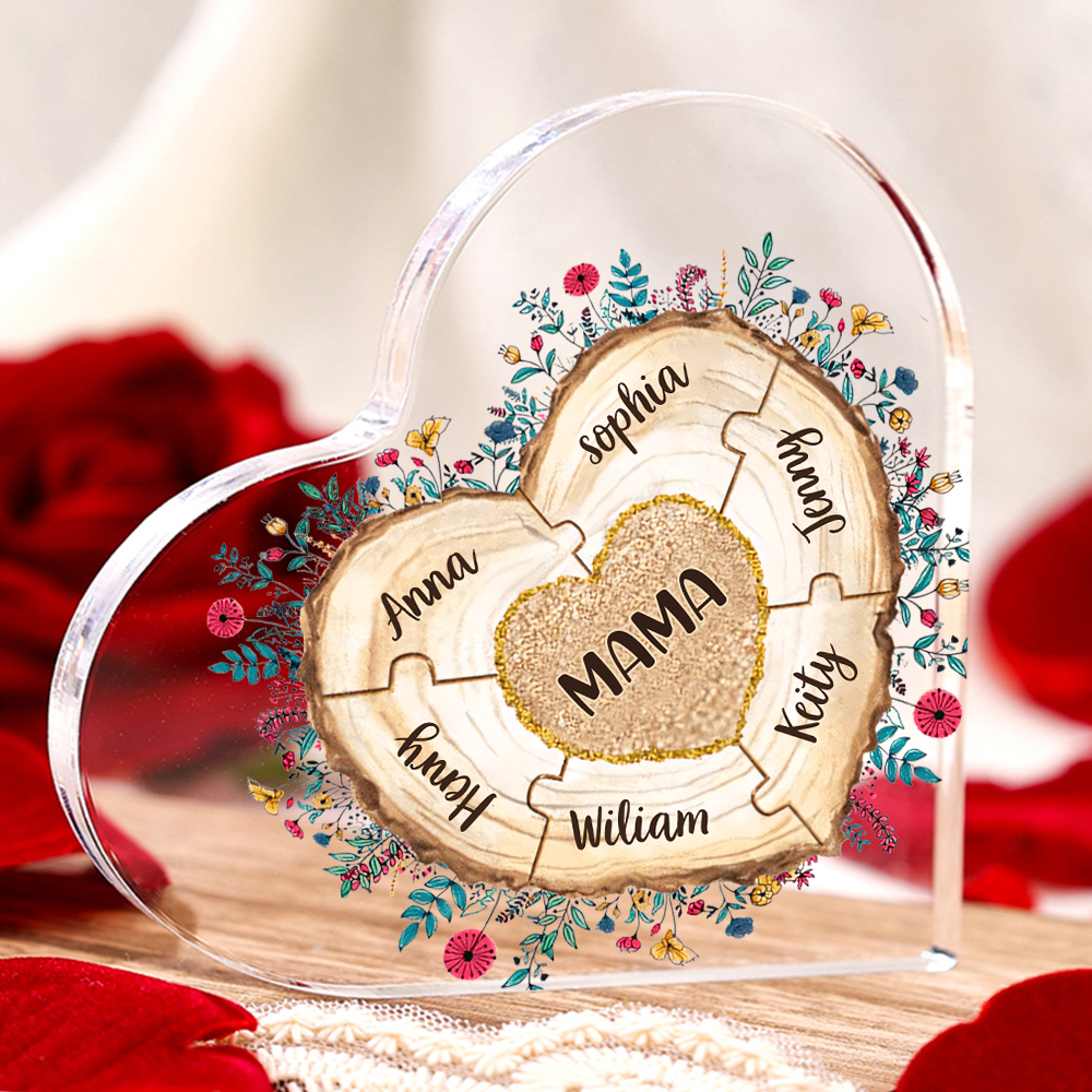 Personalisierte 7 Namen Herz Puzzle Familie Acryl-Deko Schreibtischdekoration für Mutter