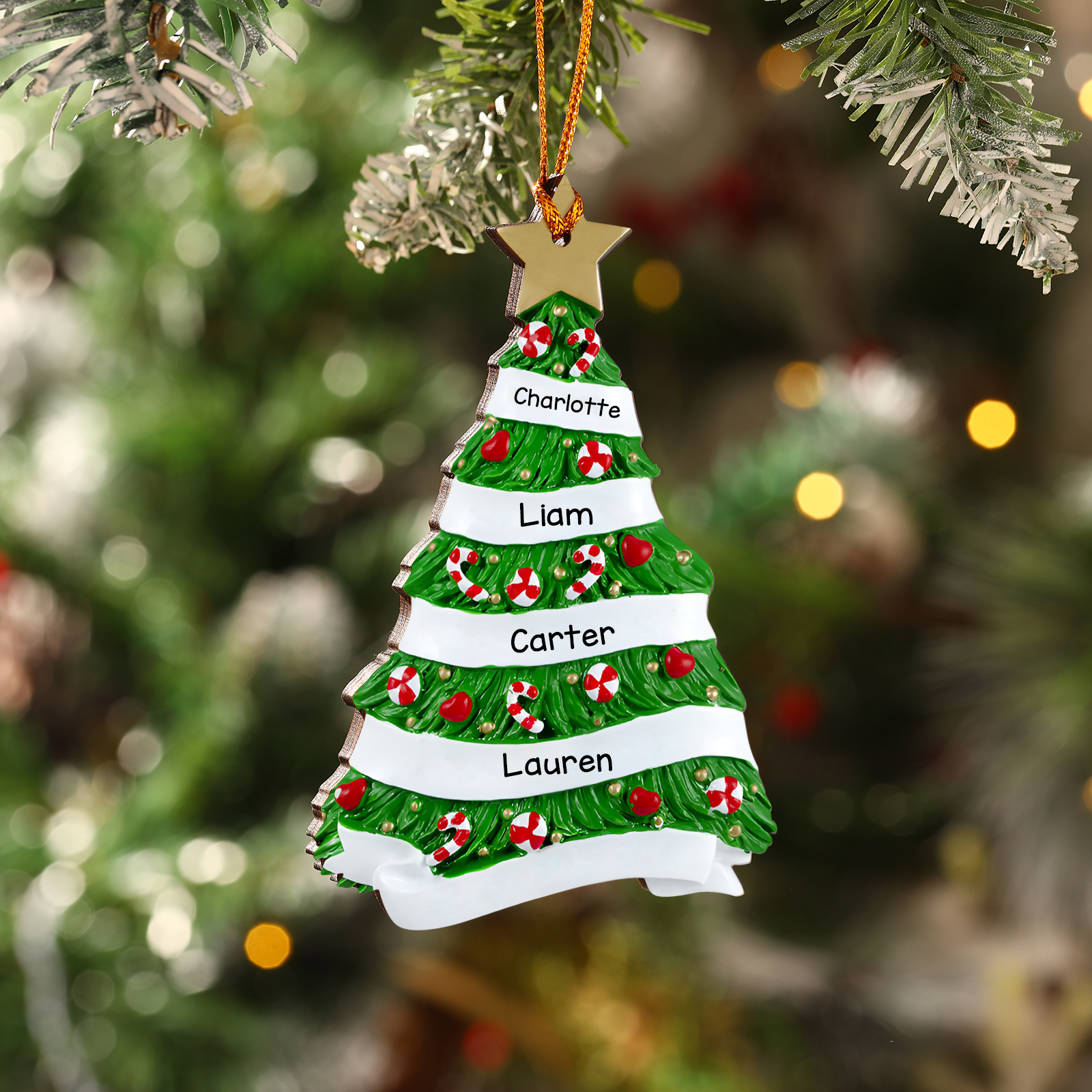 Holz Personalisierte 4 Namen Weihnachtsbaum mit Stern Weihnachtsornament Weihnachtsbaum Anhänger