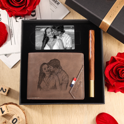 Personalisiertes Foto & Name & Buchstabe Herren Geldbörse & Foto & Text Schwarz-weiße Geldbörse Karte & Stift Geschenkbox Set für Mann/ Freund