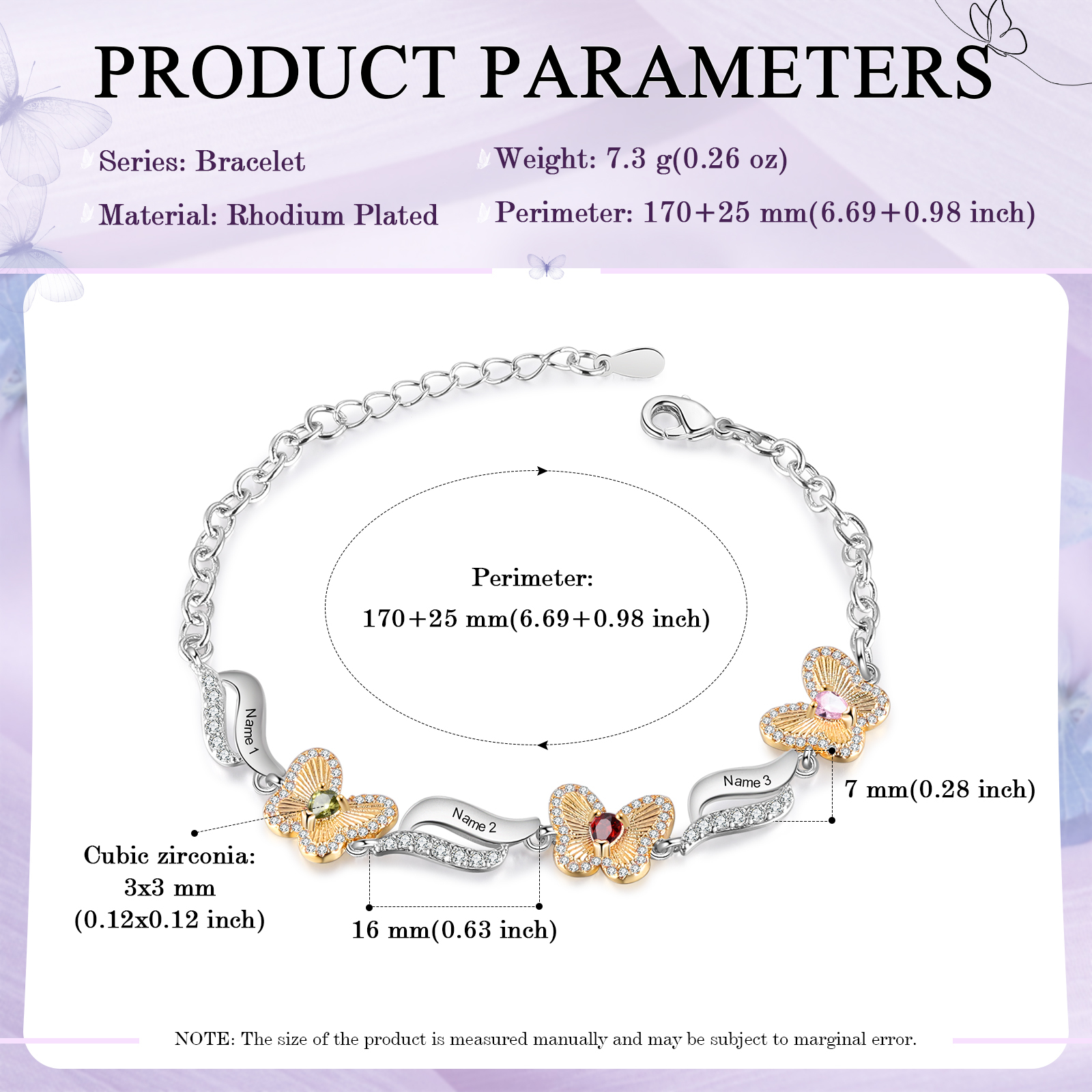 Personalisierte 3 Namen & 3 Geburtssteine Schmetterling Armband mit Zirkonia