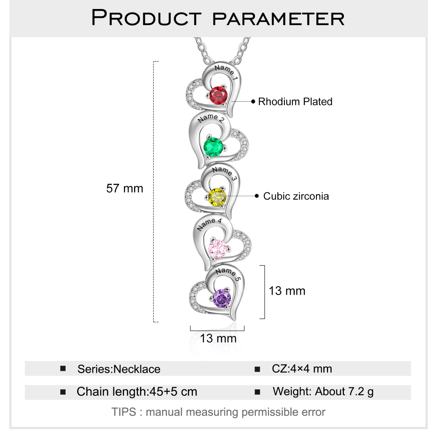 Gravur 5 Namen Liebe Herz Halskette mit 5 Geburtssteinen - Geschenk für Familie
