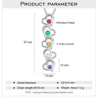 Gravur 5 Namen Liebe Herz Halskette mit 5 Geburtssteinen - Geschenk für Familie