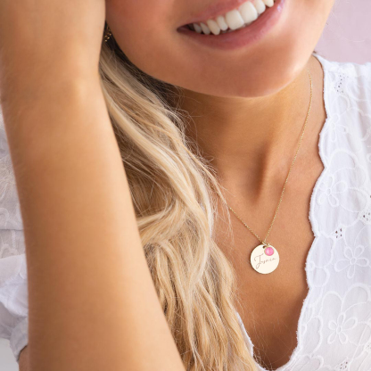 Individuelle Namenskette mit Geburtsstein-Rund Münze Halskette mit Geburtsstein