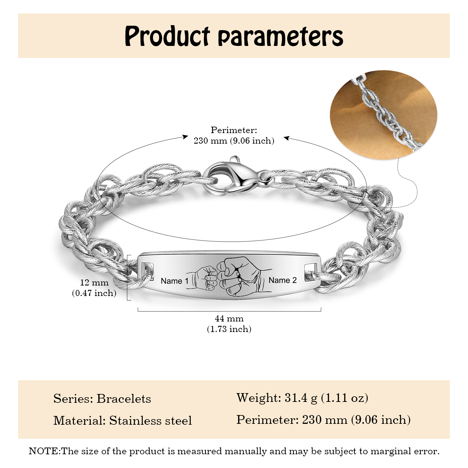 Herren Armband-Personalisiertes 2 Namen Faust Edelstahl Armband 