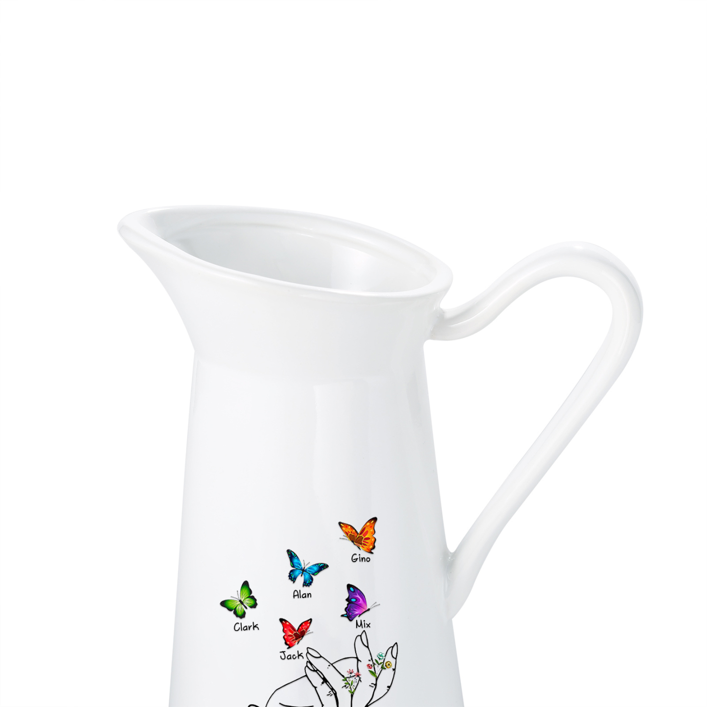Personalisierte 5 Namen & Text Schmetterling in der Hand Gießvase mit Henkel Familie Vase
