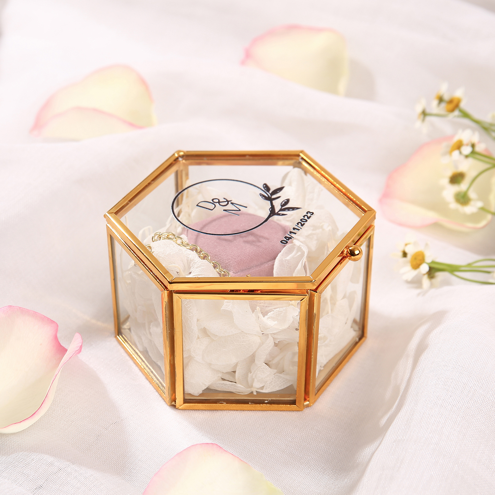 Personalisierbare 2 Buchstaben & Datum Geschenkbox Schmuck Samt Glas Ring Box