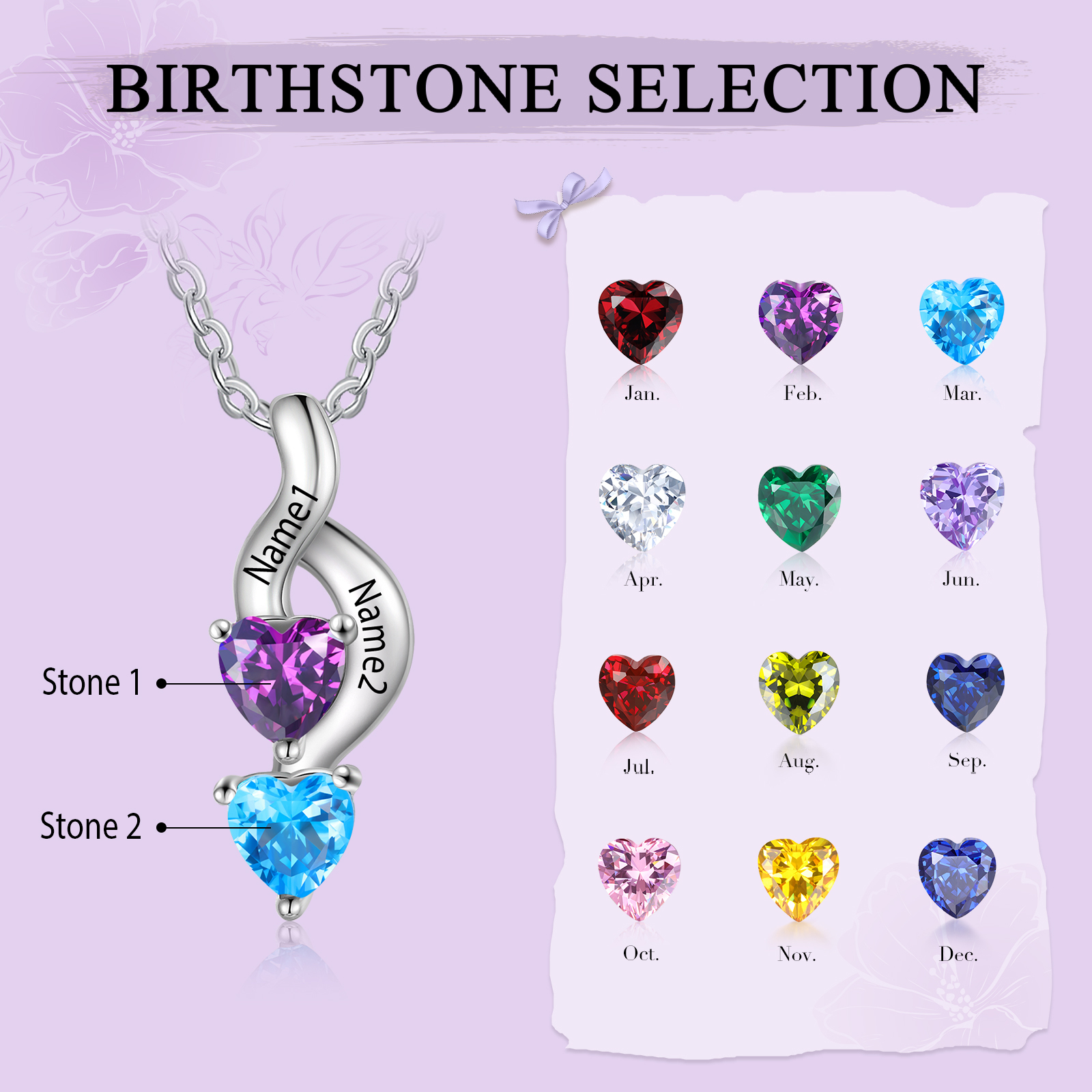 Personalisierter 2 Namen & 2 Geburtssteinen Silbernes Armband & Halskette Geschenkbox-Set