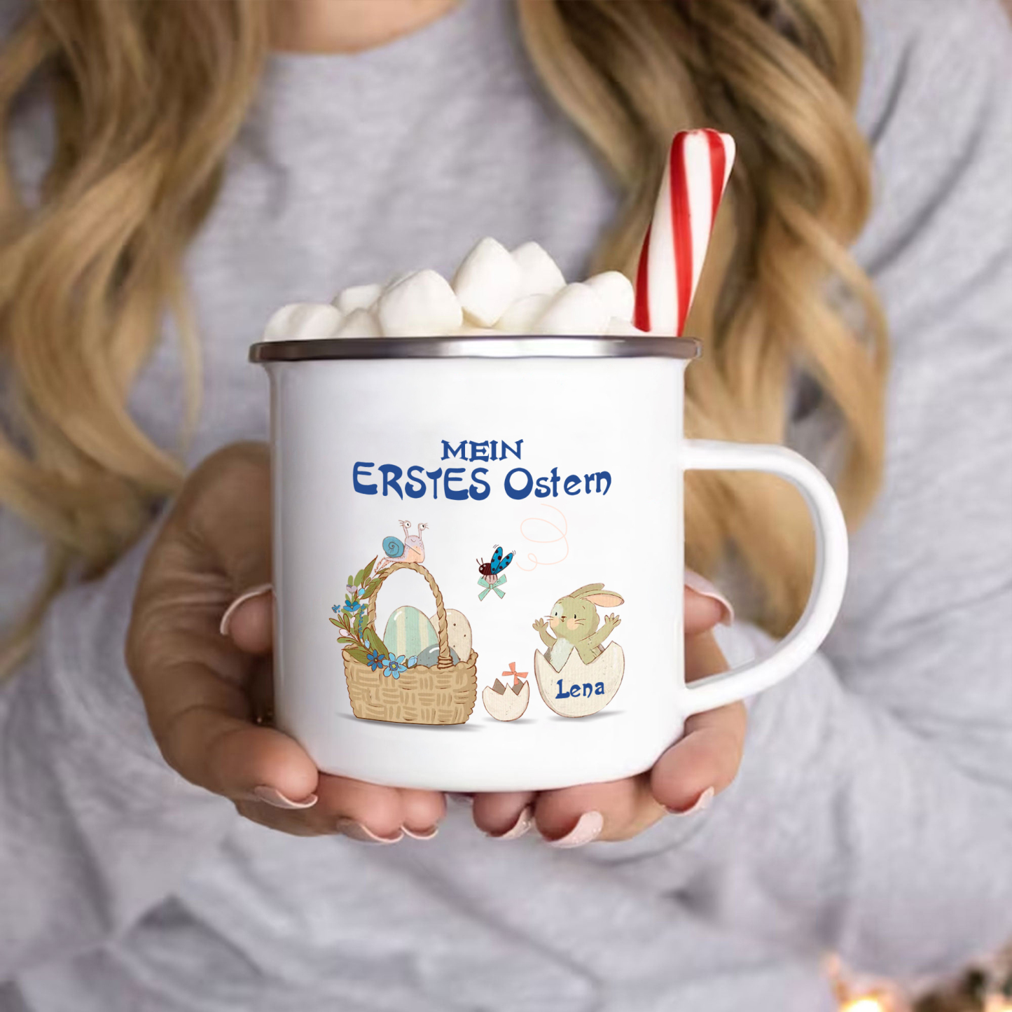 Emaille Tasse - Personalisierter Text & 1 Name Hase Ostern Becher