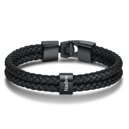 Herren Gravur 1-8 Namen Perlen Doppelt geflochtenes Lederarmband