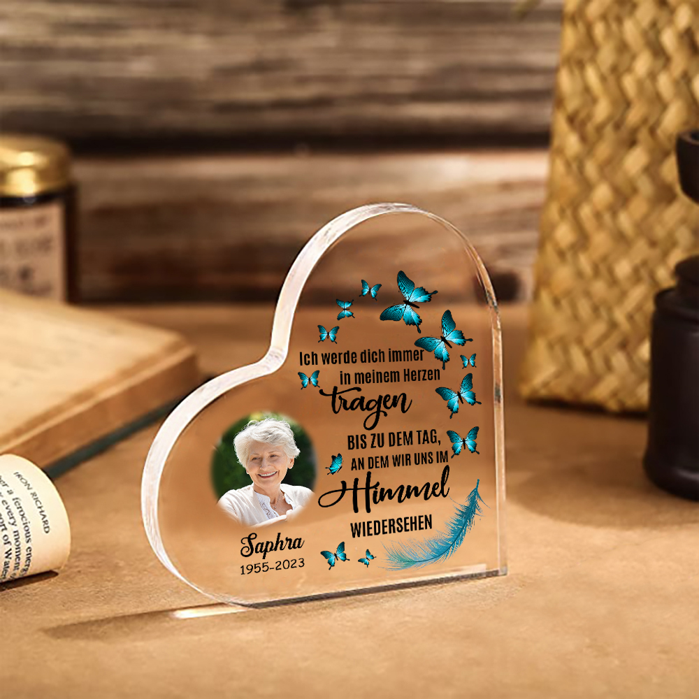 Personalisierter Name & Jahr & Foto Acryl-Deko-Ich werde dich immer in meinem Herzen tragen-Trauer Schreibtischdekoration