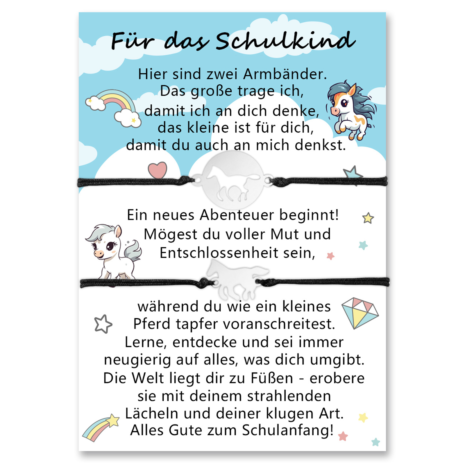 Pferd Armbänder Set mit 2 Ketten-Mögest du voller Mut und Entschlossenheit sein, während du wie ein kleines Pferd tapfer voranschreitest-Schulanfang Geschenk mit Nachrichtenkarte
