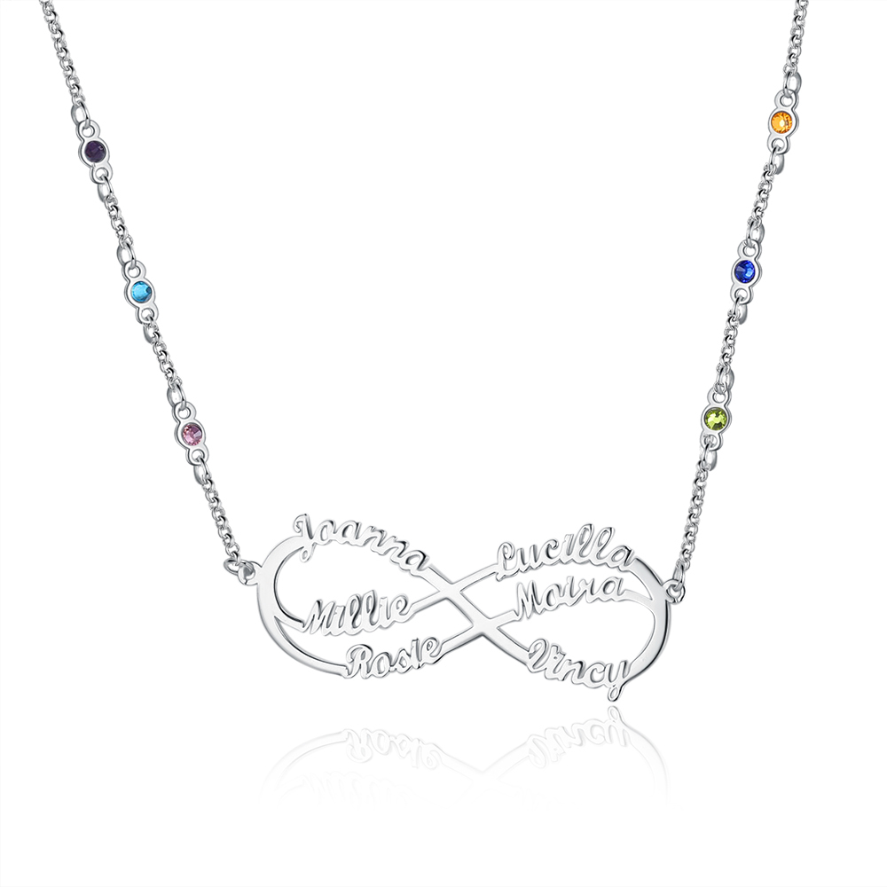 Benutzerdefinierte Unendlichkeit Infinity Halskette mit 6 Geburtssteinen und  6 Namen