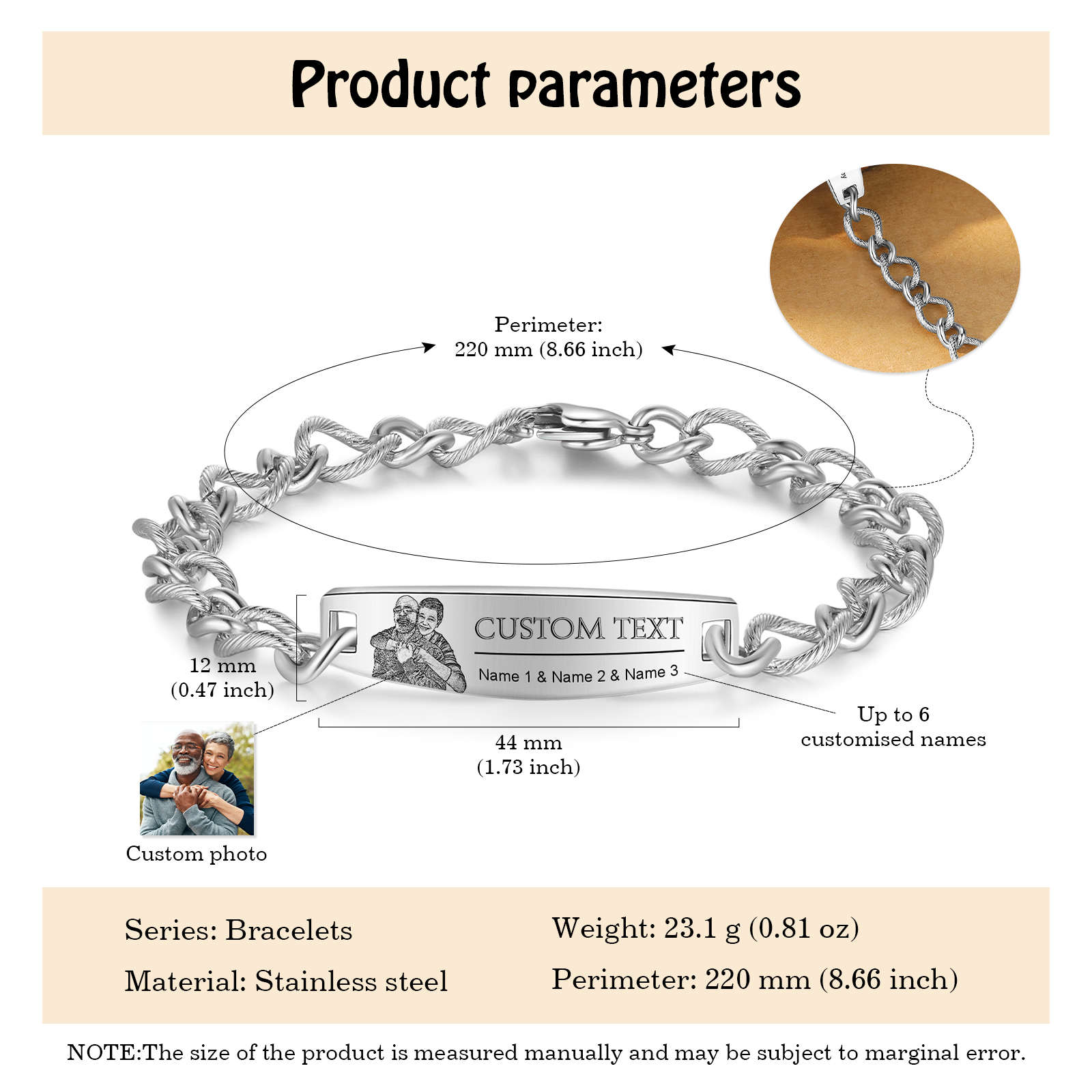 Herren Armband-Personalisiertes 3 Namen & Text & Foto Edelstahl Armband 