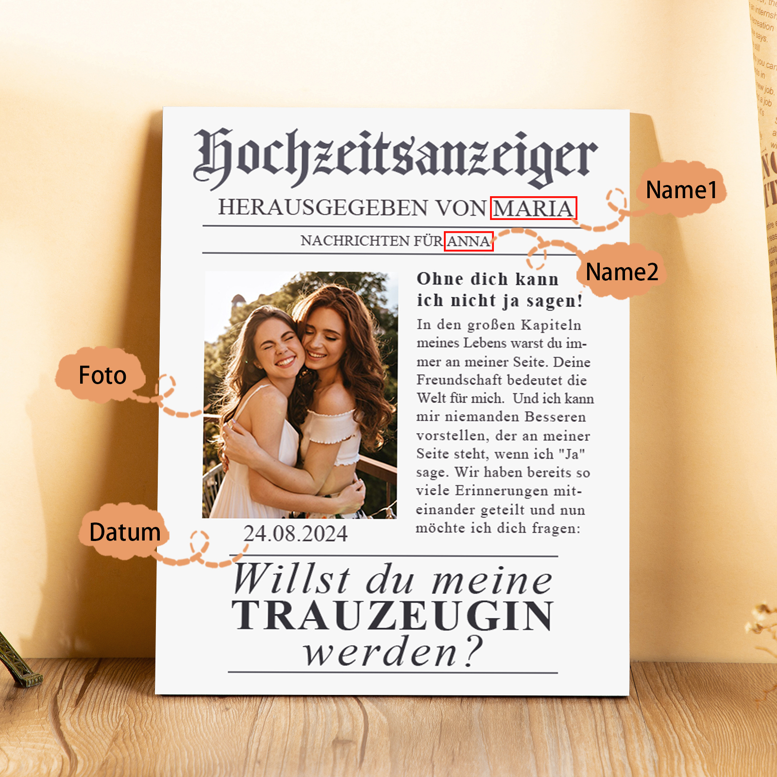 Hochzeitsanzeiger News Holzbild-Personalisierter Foto & 2 Namen & Datum-Willst du meine Trauzeugin werden-Holzdekoration