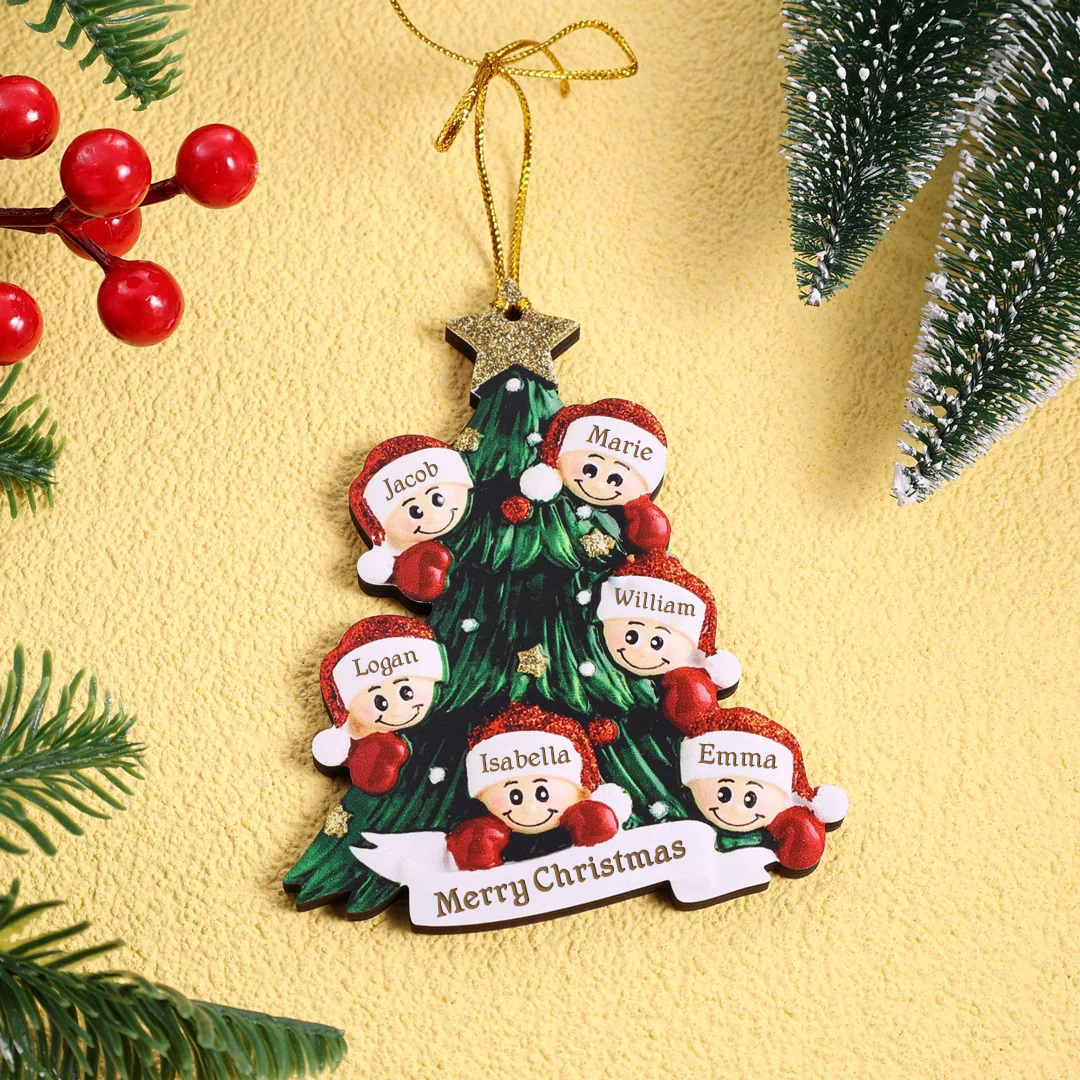 Holz Personalisiertes 6 Namen Text Weihnachtsornament Baum Anhänger mit 6 Familienmitgliedern