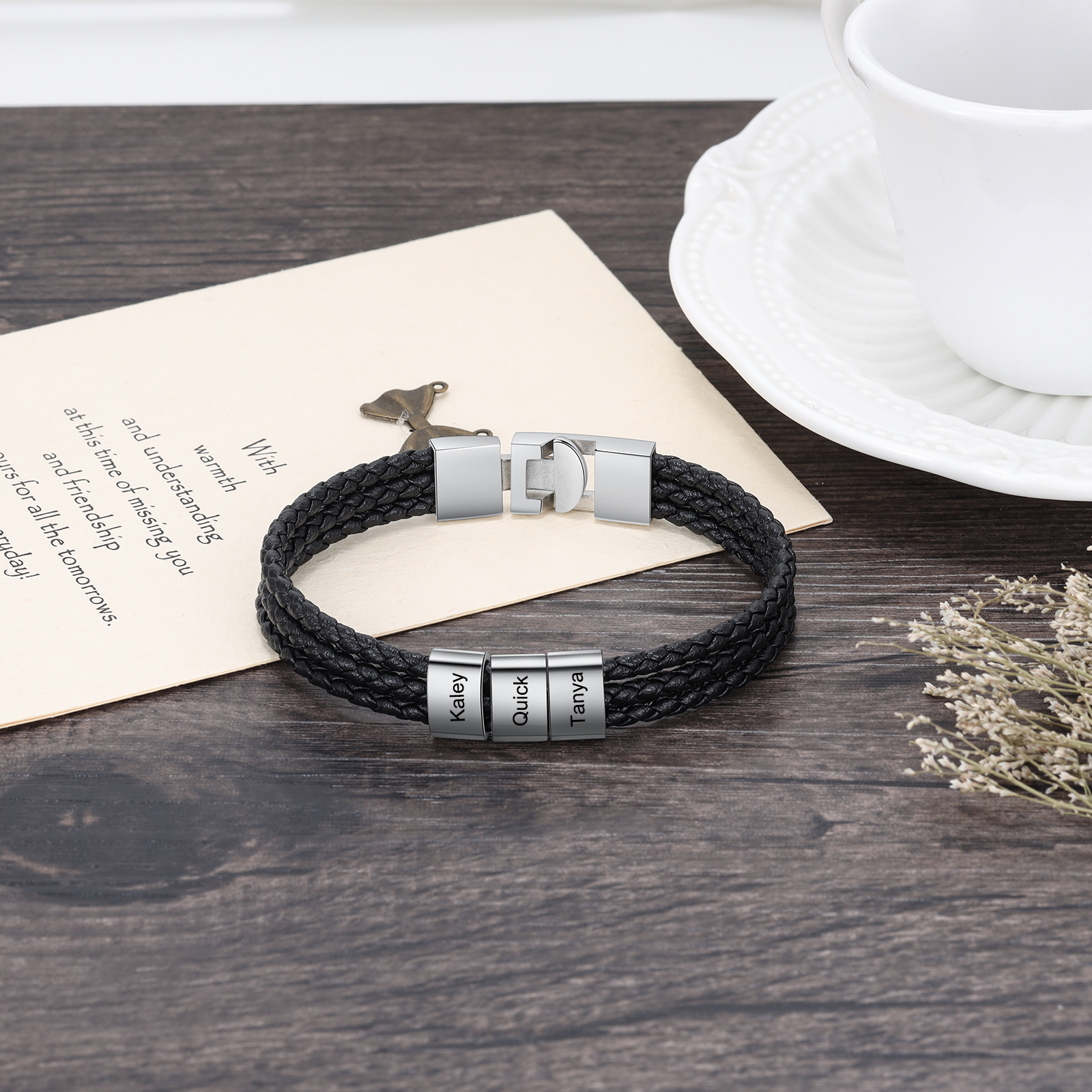 Herren Gravur 3 Namen Perlen Dreifach Geflochtenes Leder Armband