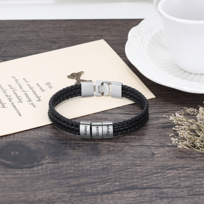 Herren Gravur 3 Namen Perlen Dreifach Geflochtenes Leder Armband
