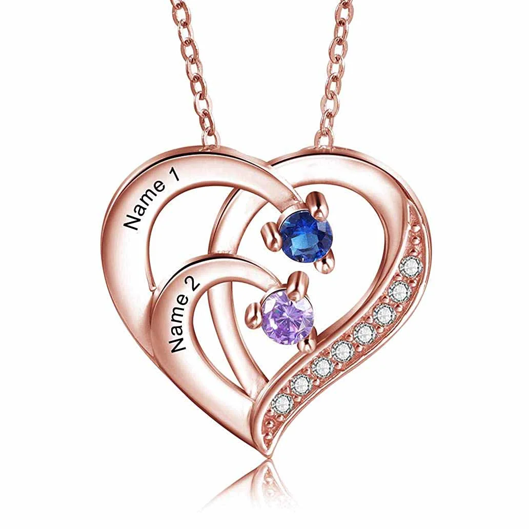 925 Sterling Silber Personalisierte 2 Namen Herz Halskette mit 2 Geburtssteinen