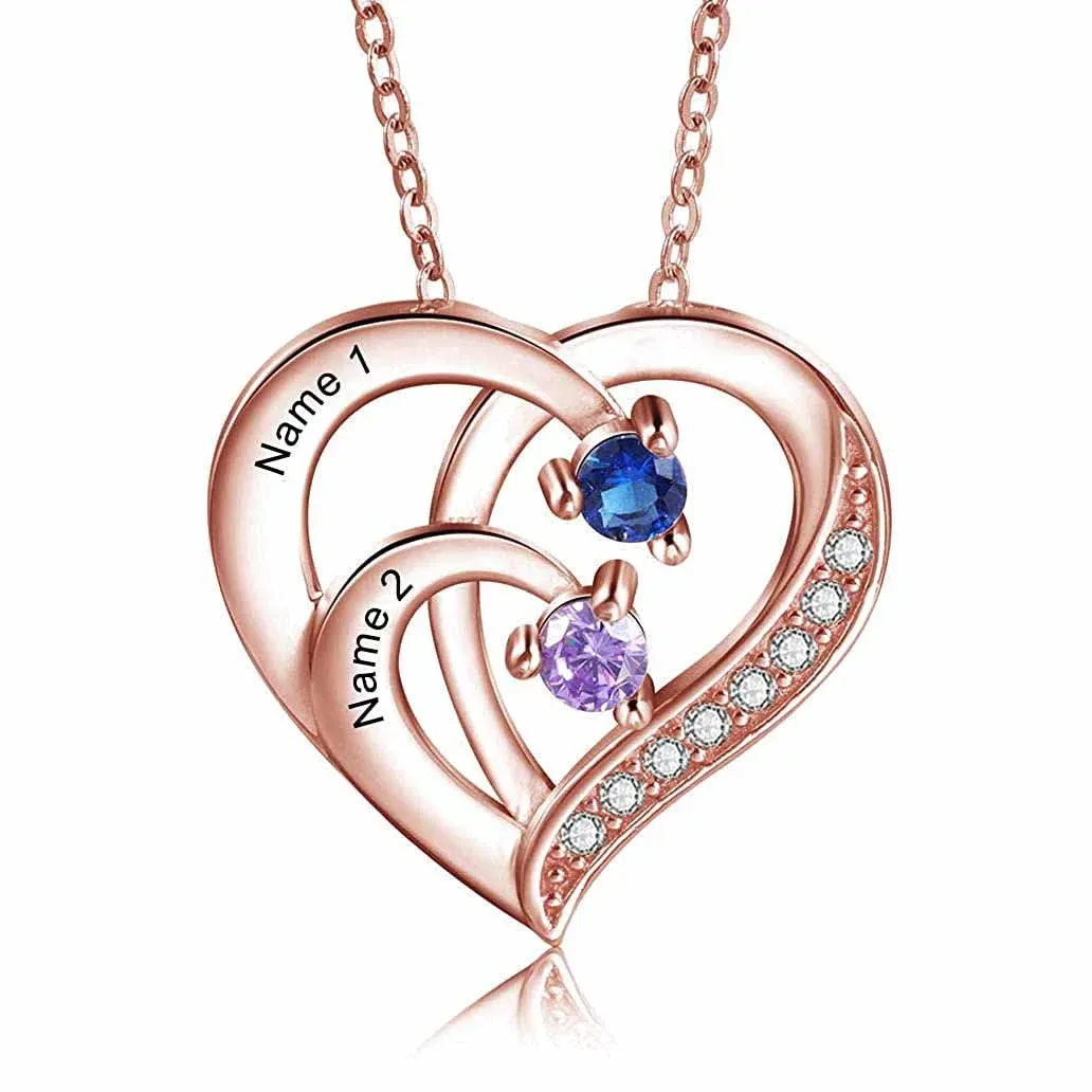 925 Sterling Silber Personalisierte 2 Namen Herz Halskette mit 2 Geburtssteinen
