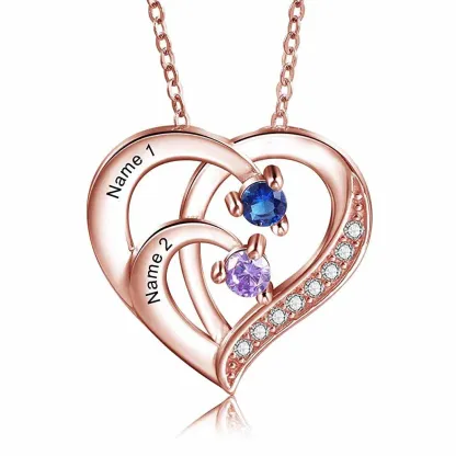 925 Sterling Silber Personalisierte 2 Namen Herz Halskette mit 2 Geburtssteinen