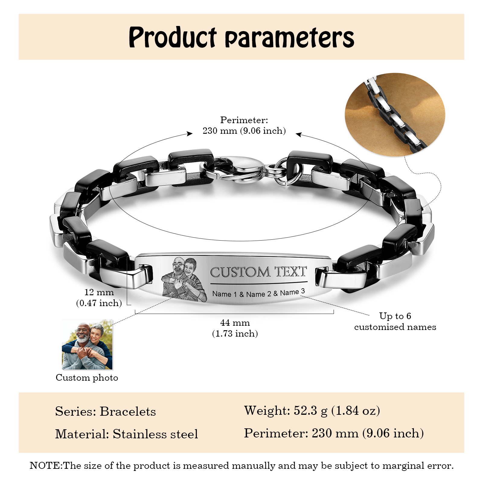 Herren Armband-Personalisiertes 3 Namen & Text & Foto Edelstahl Armband 