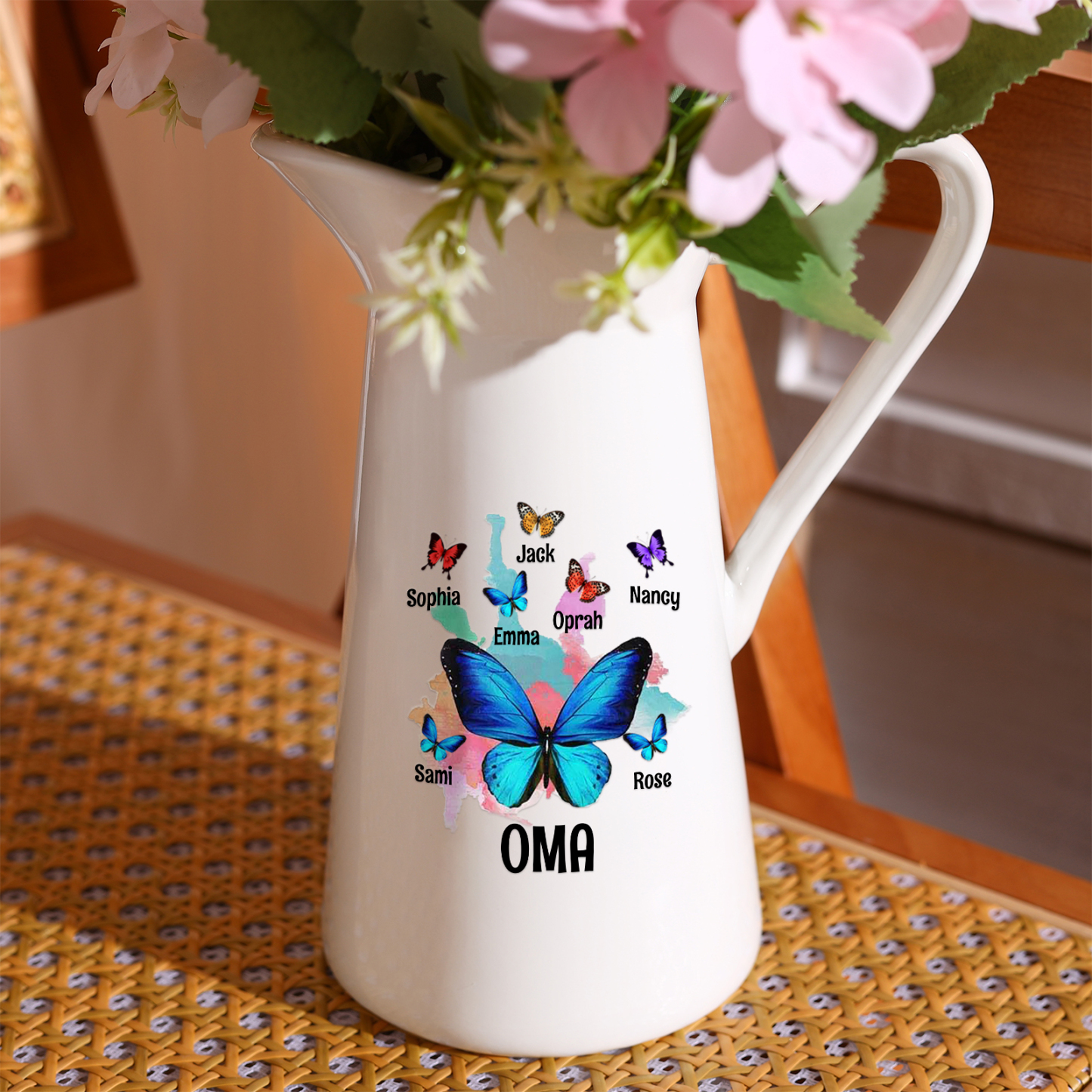 Personalisierte 7 Namen & Text Blau Schmetterling Gießvase mit Henkel Familie Vase