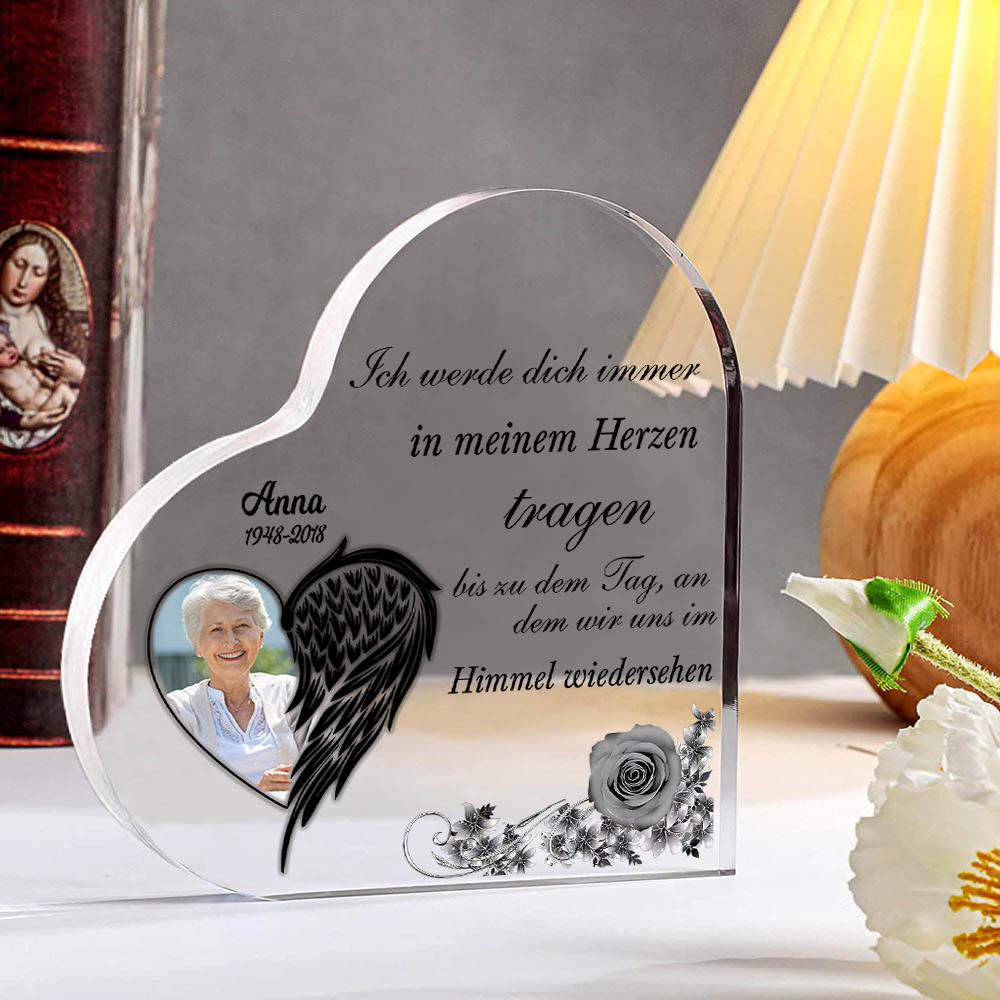 Personalisiertes Foto & Name & Jahr Acryl-Deko-Ich werde dich immer in meinem Herzen tragen-Trauer Schreibtischdekoration