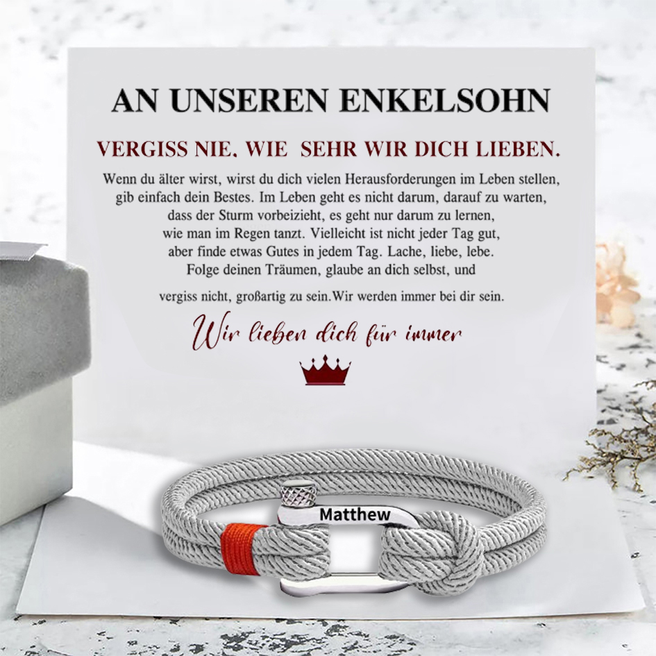 Herren Personalisierter 1 Name Edelstahl Hufeisenschnalle Handseil Armband-An unseren Enkelsohn-Geschenk mit Nachrichtenkarte
