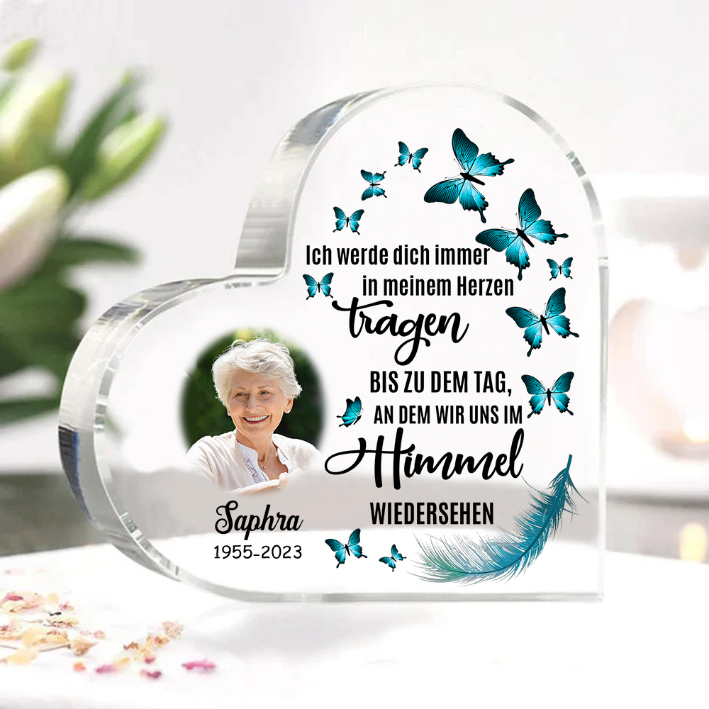 Personalisierter Name & Jahr & Foto Acryl-Deko-Ich werde dich immer in meinem Herzen tragen-Trauer Schreibtischdekoration