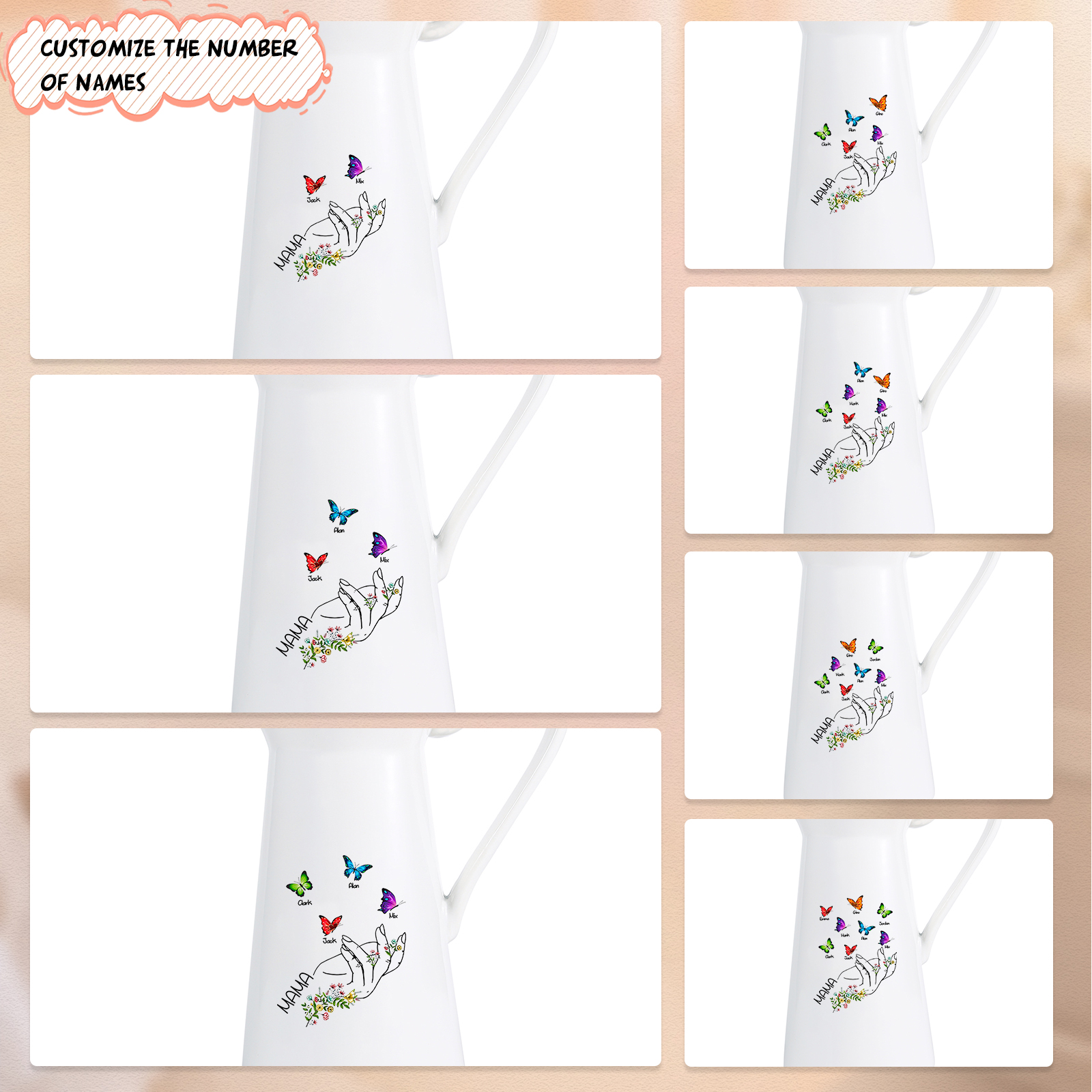 Personalisierte 2 Namen & Text Schmetterling in der Hand Gießvase mit Henkel Familie Vase