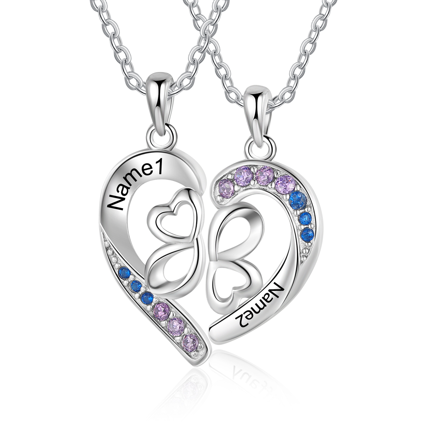 Personalisierte 2 Namen Vierblättriges Kleeblatt Halsketten Set mit Zirkonia