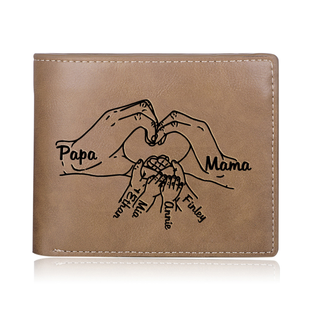 Personalisiertes Foto & 6 Namen Herz Hand Familie Leder Herren Geldbörse