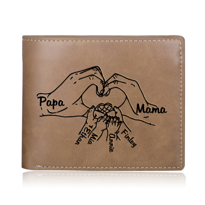 Personalisiertes Foto & 6 Namen Herz Hand Familie Leder Herren Geldbörse