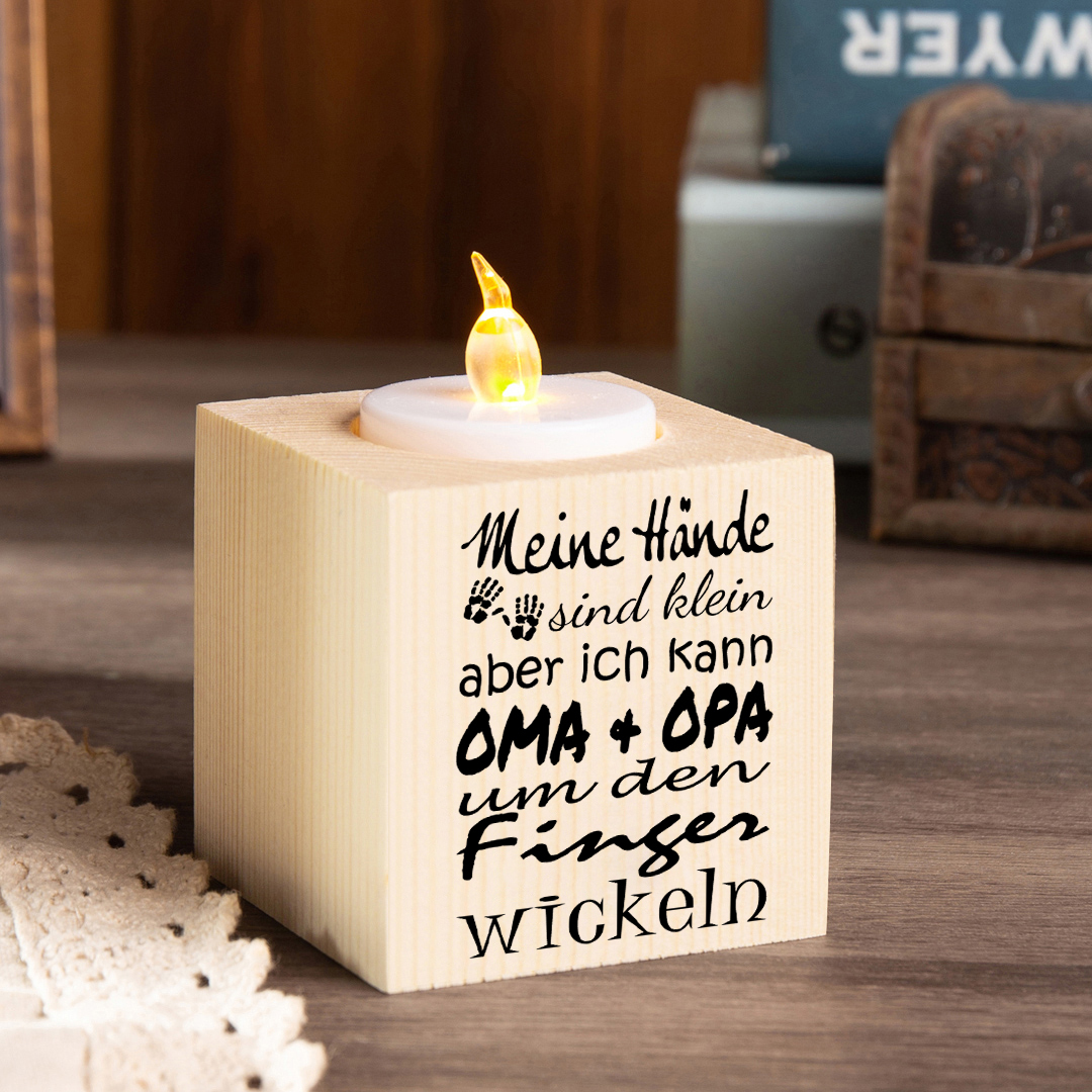 Holz Kompliment Kerzenhalter 1 bedruckte Seite-Meine Hände sind klein aber ich kann OMA + OPA um den Finger wickeln-Geschenk für Großmutter und Großvater