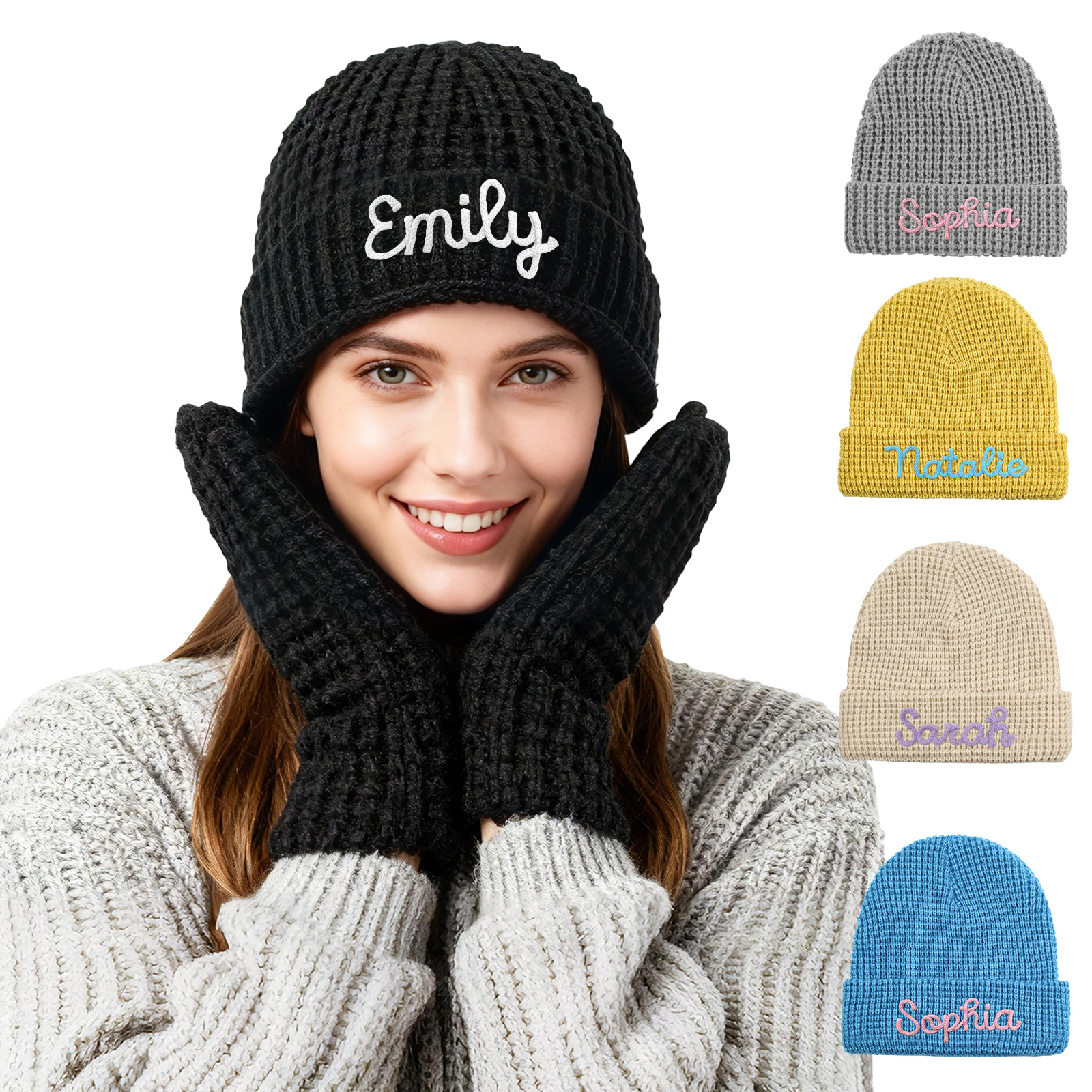 Personalisierte Weihnachten Waffelstrick-Wintermütze mit Namensstickerei für Damen