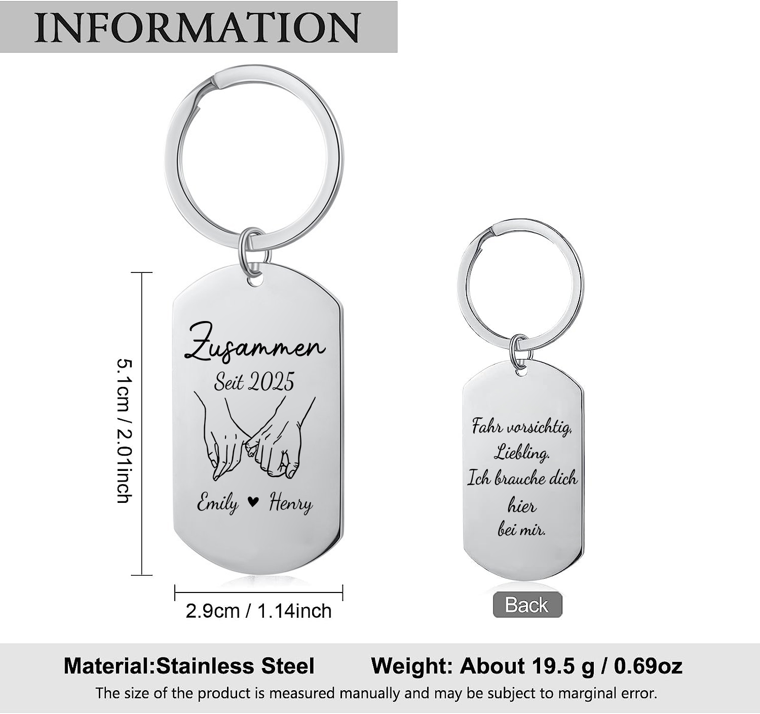 Personalisierter Edelstahl-Schlüsselanhänger Hände für Paar — "Ich brauche dich"