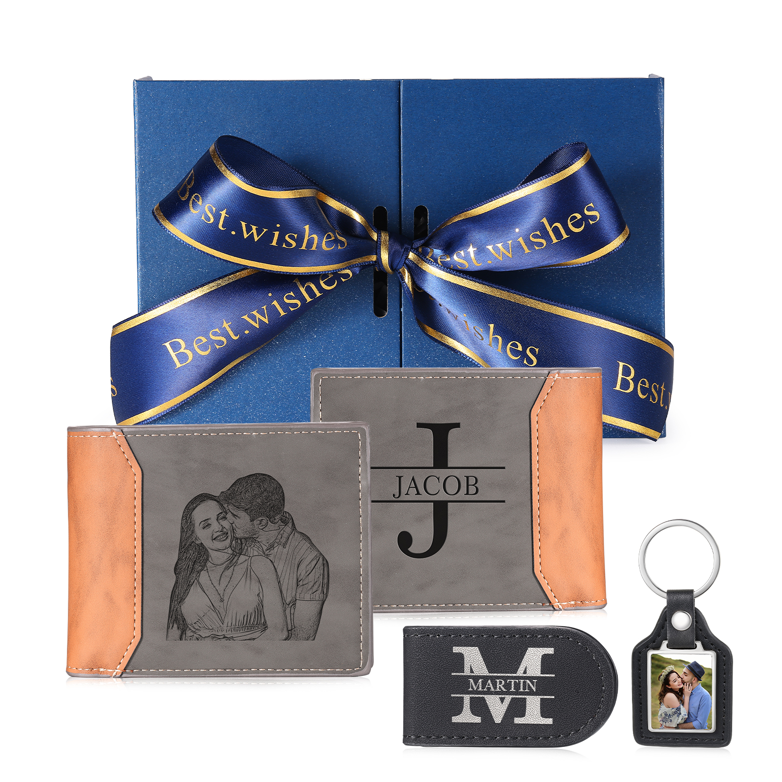 Personalisiertes Herren‑Geschenkset – Foto‑Geldbörse, Foto‑Schlüsselanhänger & Monogramm‑Geldklammer in Premium‑Box