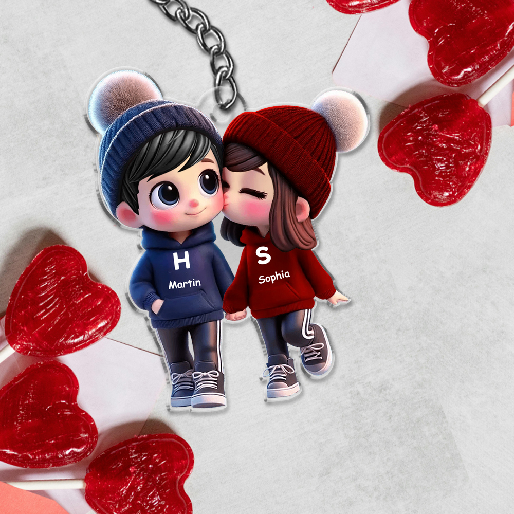 Schlüsselanhänger für Paare mit Wunschnamen, niedliches Beanie-Hoodie-Ornament