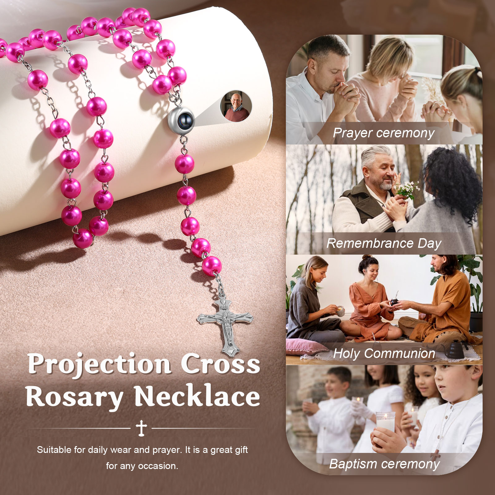 Rosenkranz Halskette Rosa/weiß Mit Kreuz – Ca. 70 Cm, Kunstperlen, Taufgeschenk Für Mädchen