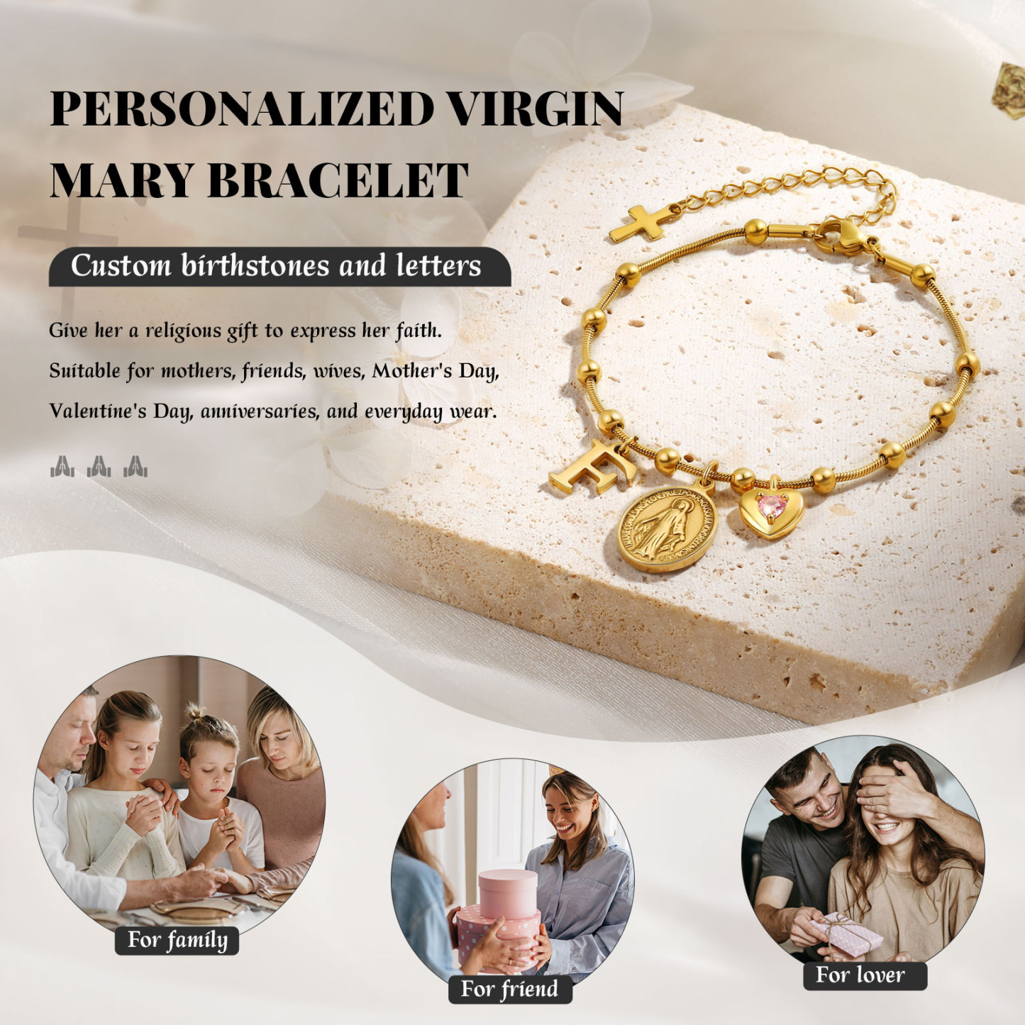 Armband in Gold mit Jungfrau Maria, Kreuz, Geburtsstein und Initiale