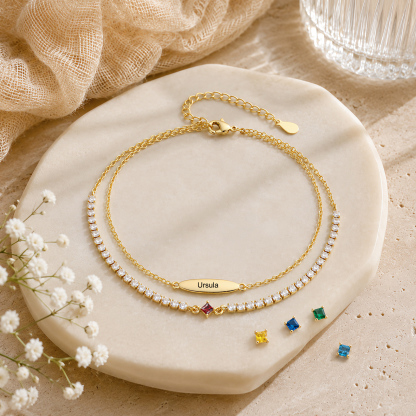 Personalisierte Fußkette mit Namen und Geburtssteinen doppellagiges Fußkettchen im Tennis-Design