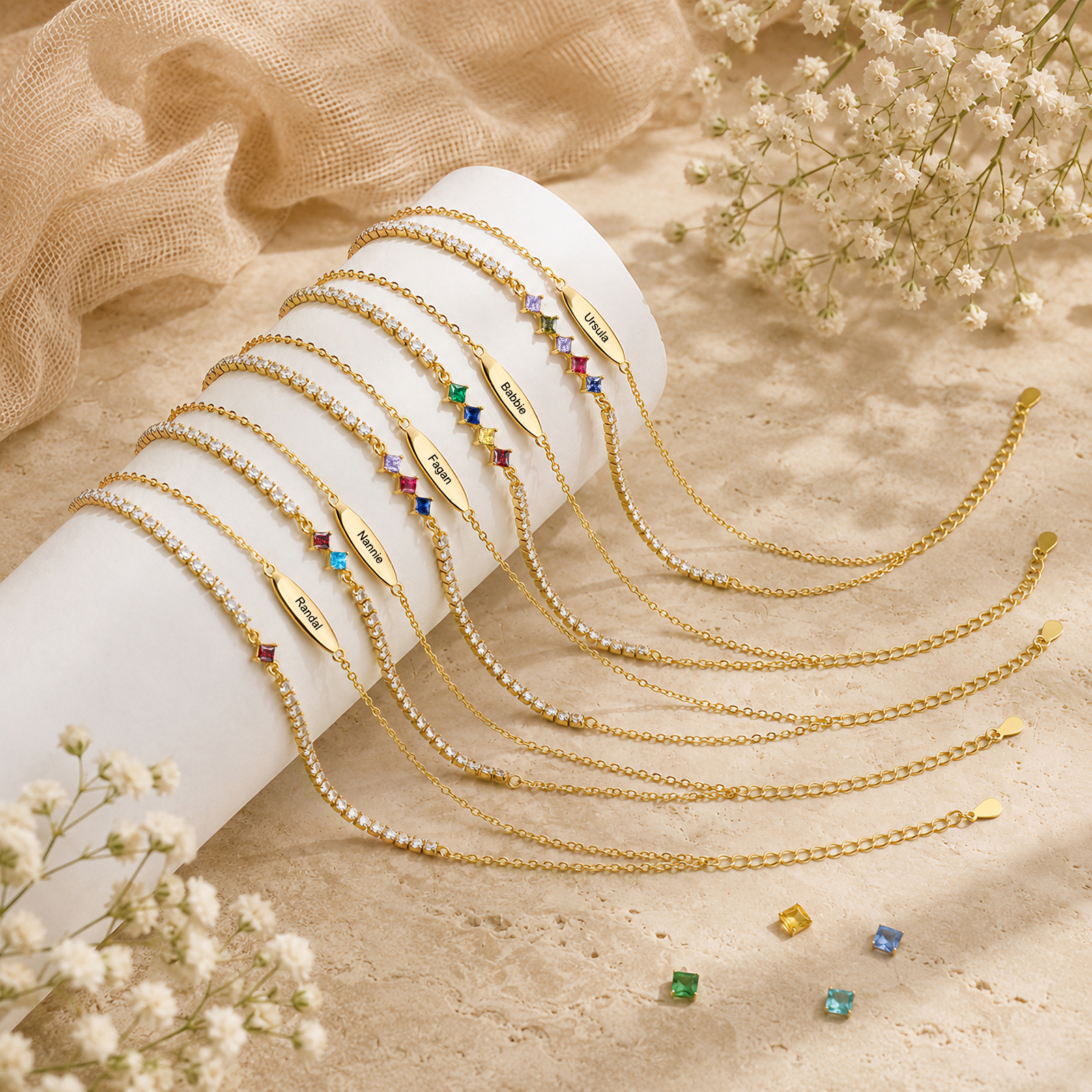 Personalisierte Fußkette mit Namen und Geburtssteinen doppellagiges Fußkettchen im Tennis-Design